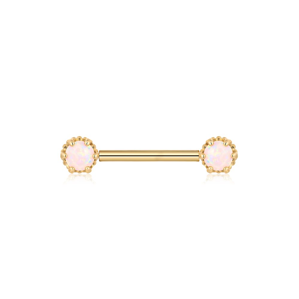 A Pair of 14 Karat Gold Prong Set Fire Opal Sparkle Nipple Barbell