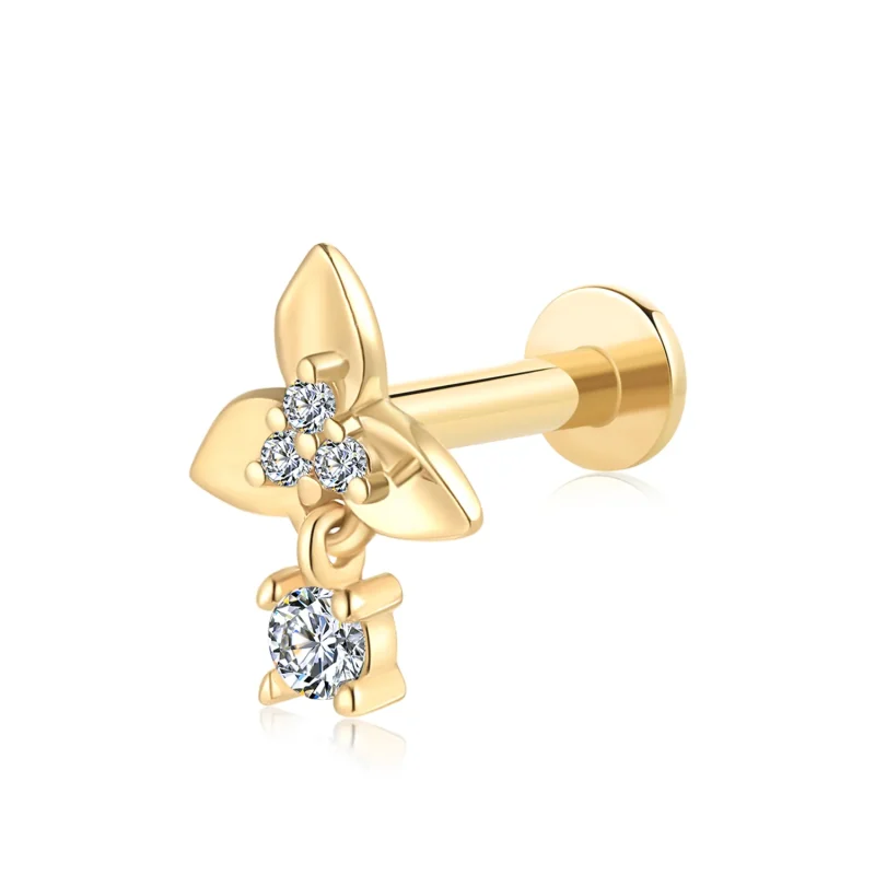 How to Find Quality Piercing Jewelry?-1 14K Solid Gold Internally Threaded Floral Cubic Zirconia Quartet Labret Stud
