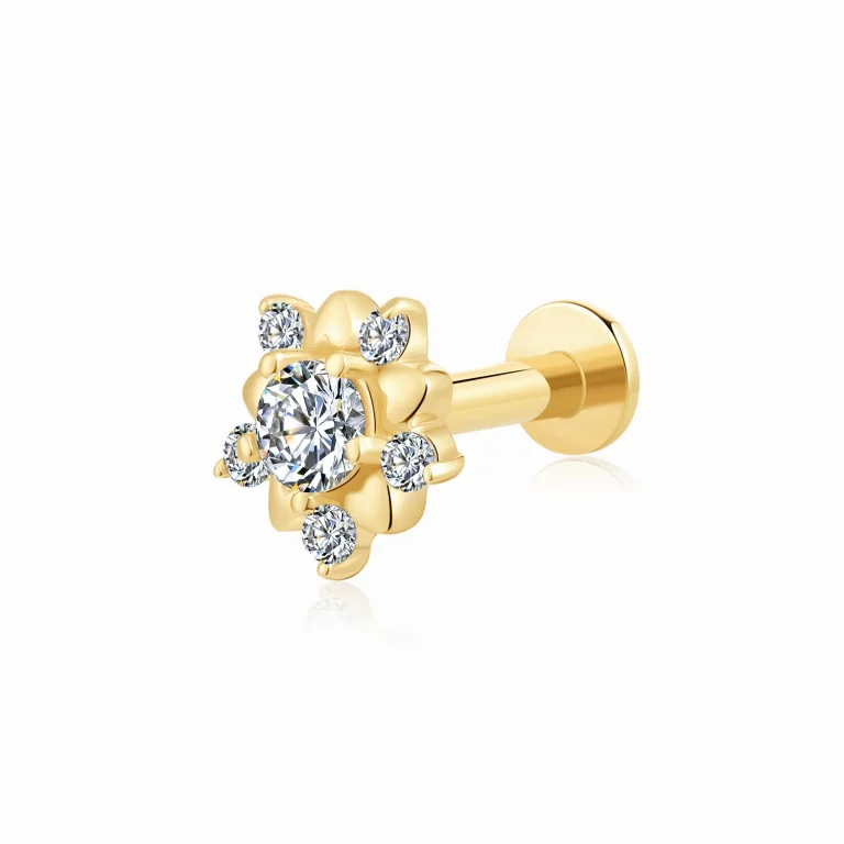 14K Solid Gold Flower-Shaped Prong Set CZ Petal Internally Threaded Labret Stud