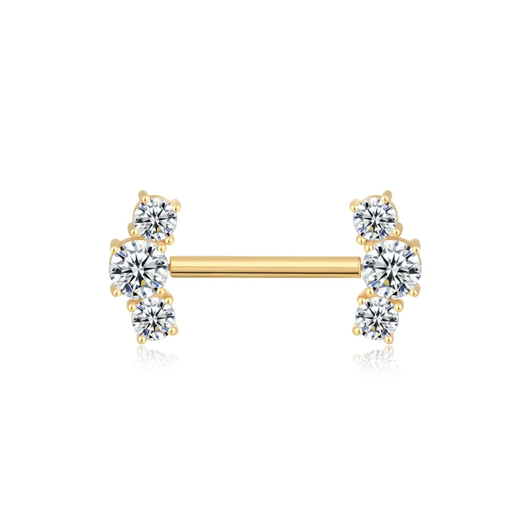 14K Solid Gold Threadless Nipple Barbells with Round Prong Set CZ Ends