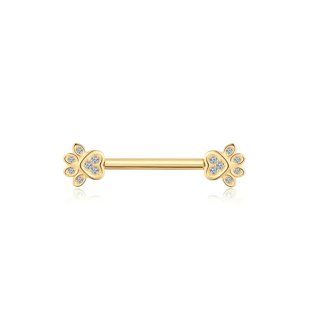 14K Solid Gold Threadless Paw Shape Nipple Barbell