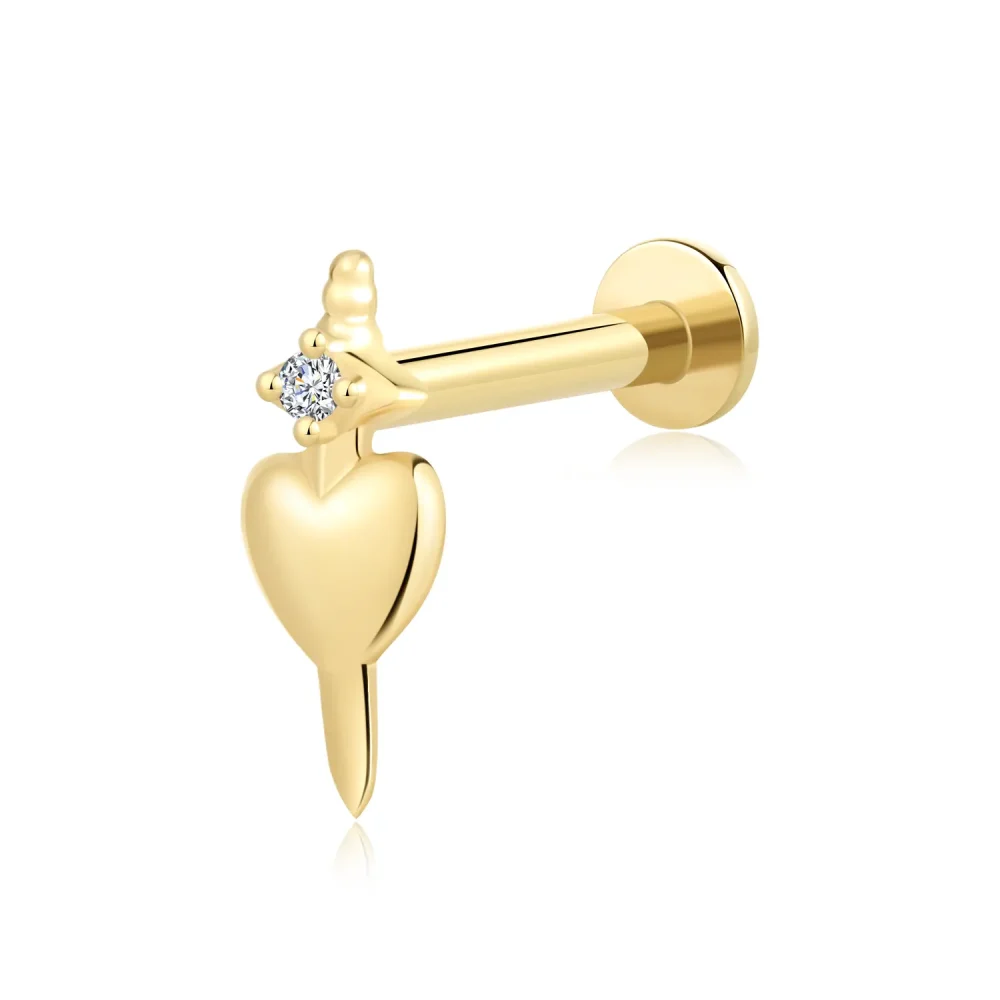 14K Solid Gold Threadless Sword Through Heart Labret Stud with CZ Stone