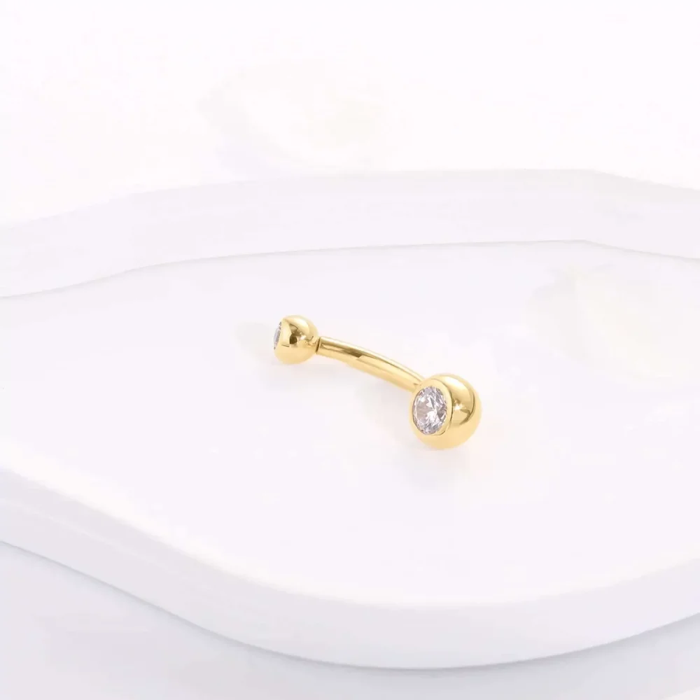 14K Solid Gold Double CZ Internally Threaded Navel Ring