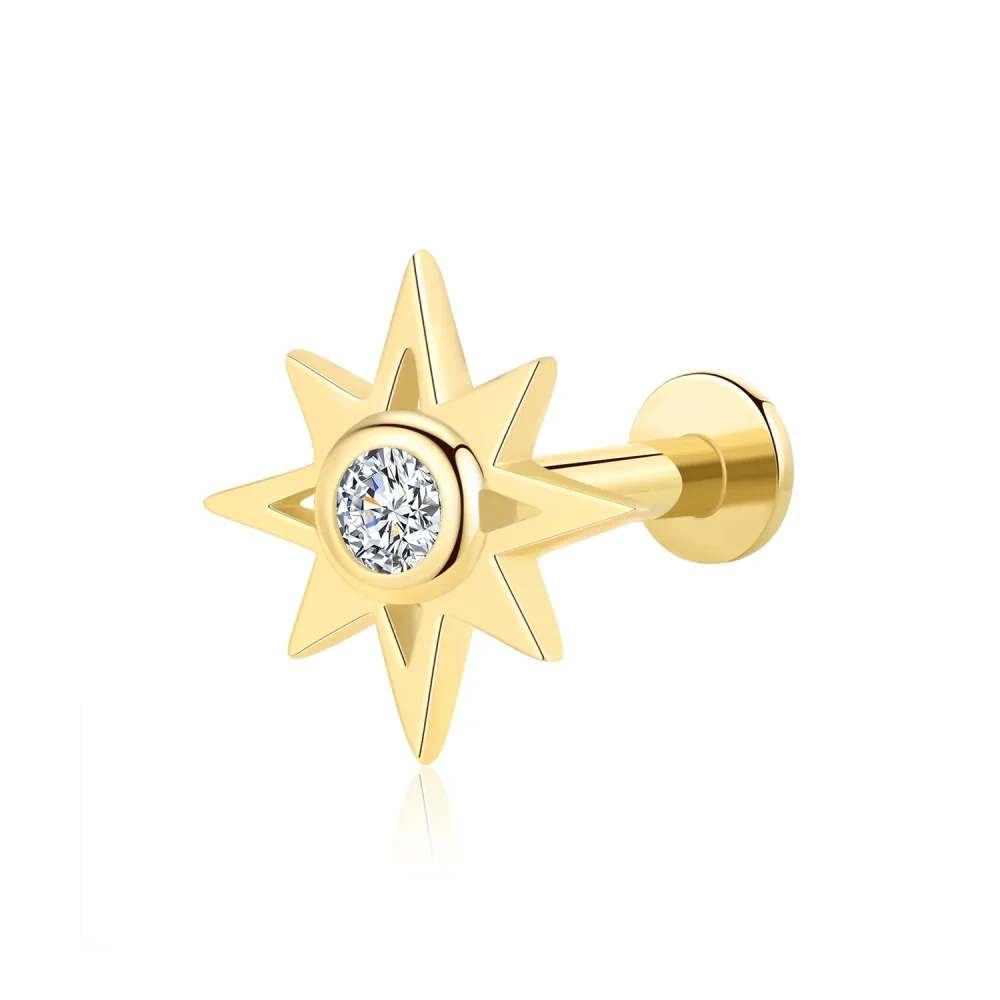 14K Solid Gold Threadless Labret Stud with CZ Stone - Starburst Design