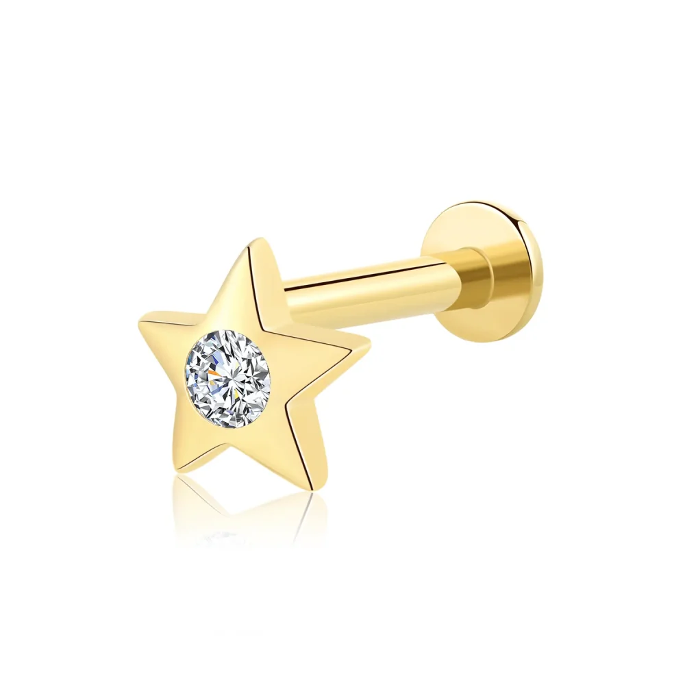 14K Solid Gold Threadless Labret Stud with CZ Stone - Classic Star Design
