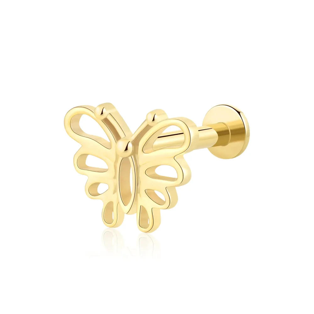 14K Solid Gold Threadless Labret Stud - Butterfly Outline Design
