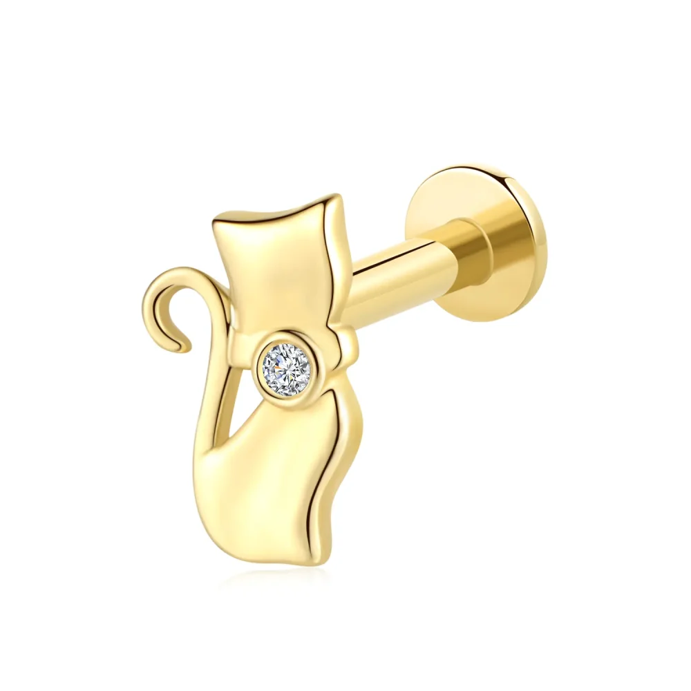 14K Solid Gold Internally Threaded Labret Stud with CZ Stone and Cute Cat Design
