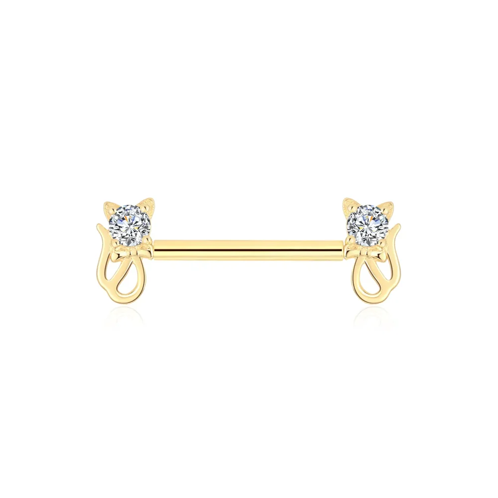 14K Solid Gold Cat Design Threadless Nipple Ring with CZ Stones