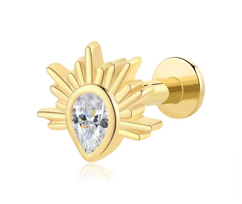 14K Solid Gold Internally Threaded Labret Stud with CZ Stone – Teardrop and Sunburst Design