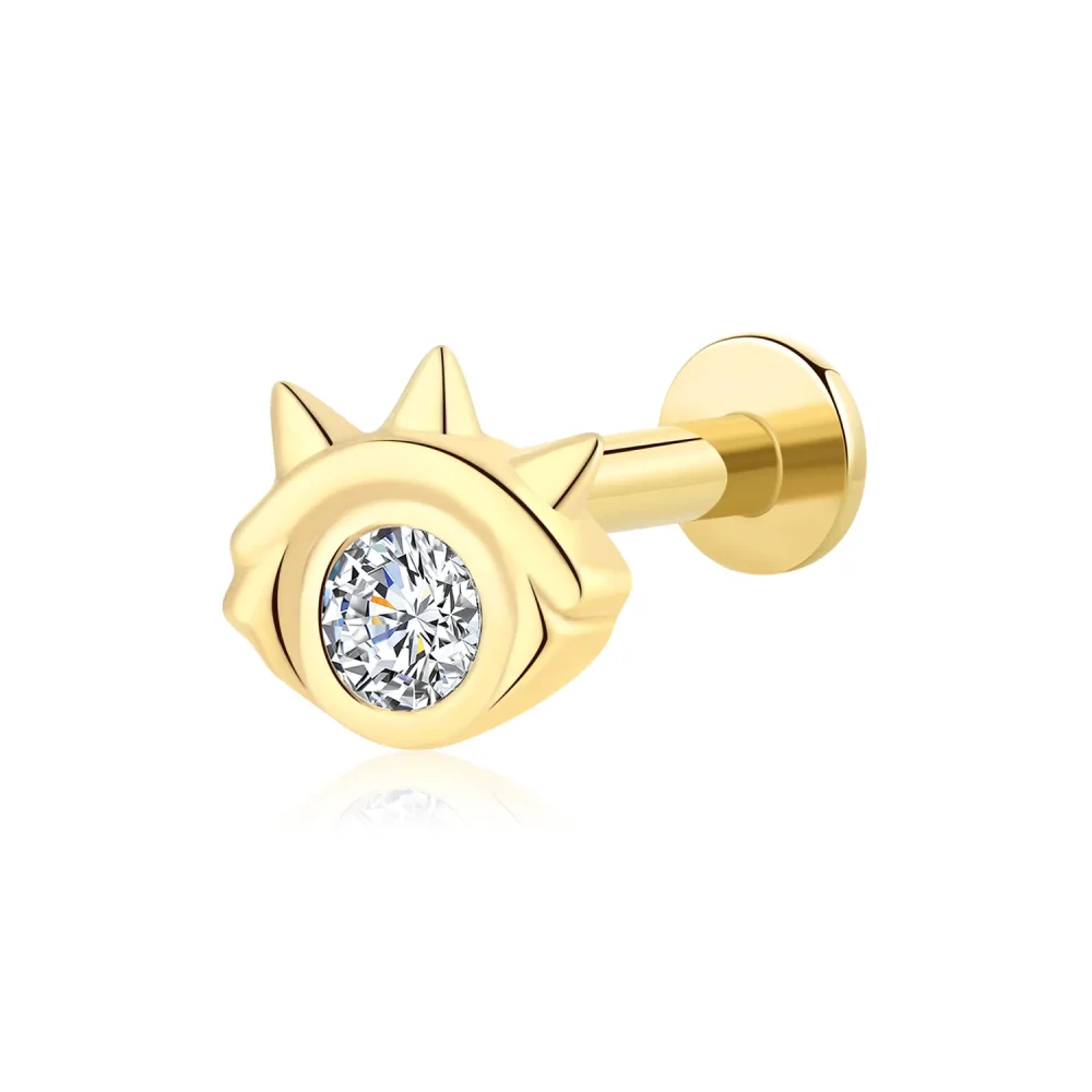 14K Solid Gold Eye and Sunburst Design Threadless Labret Stud with CZ Stone