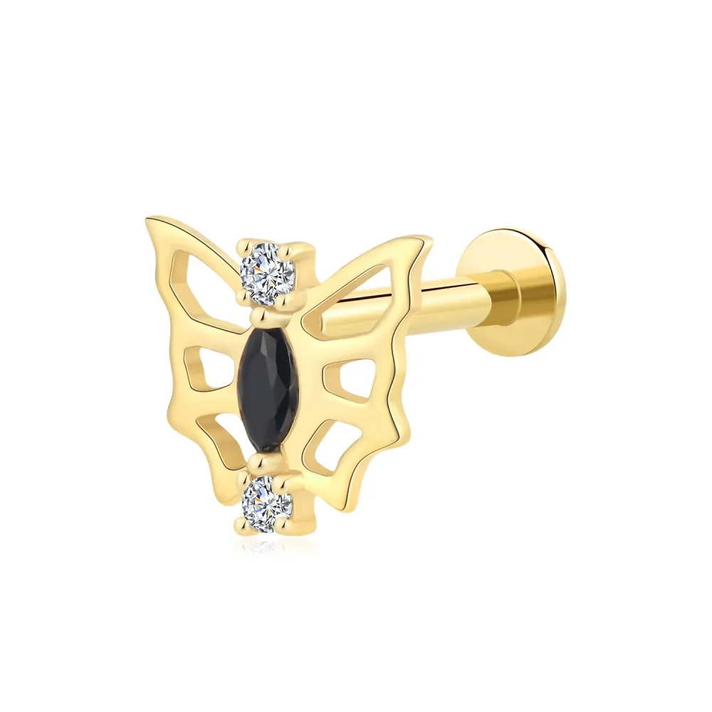 14K Solid Gold Starburst Design Threadless Labret Stud with CZ Stone