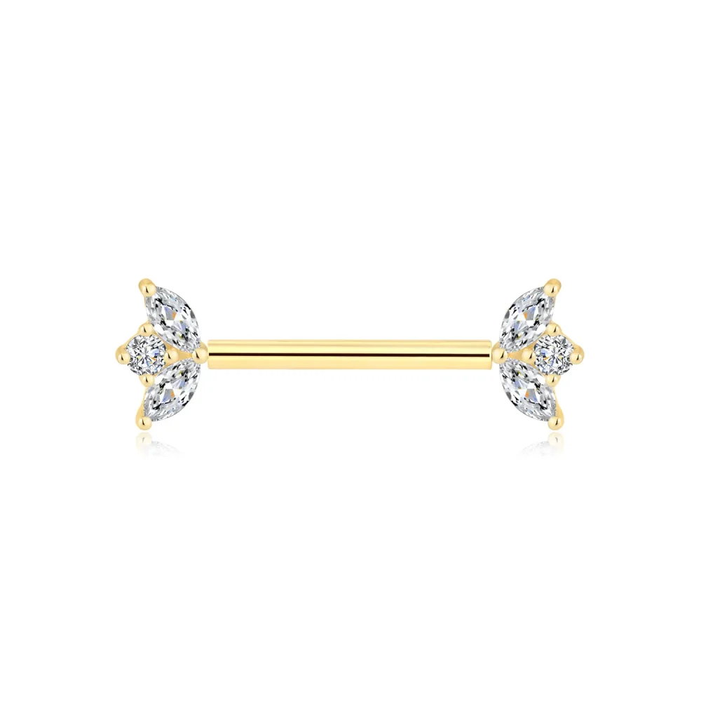 14K Solid Gold Marquise Cluster Design Threadless Nipple Ring with CZ Stones