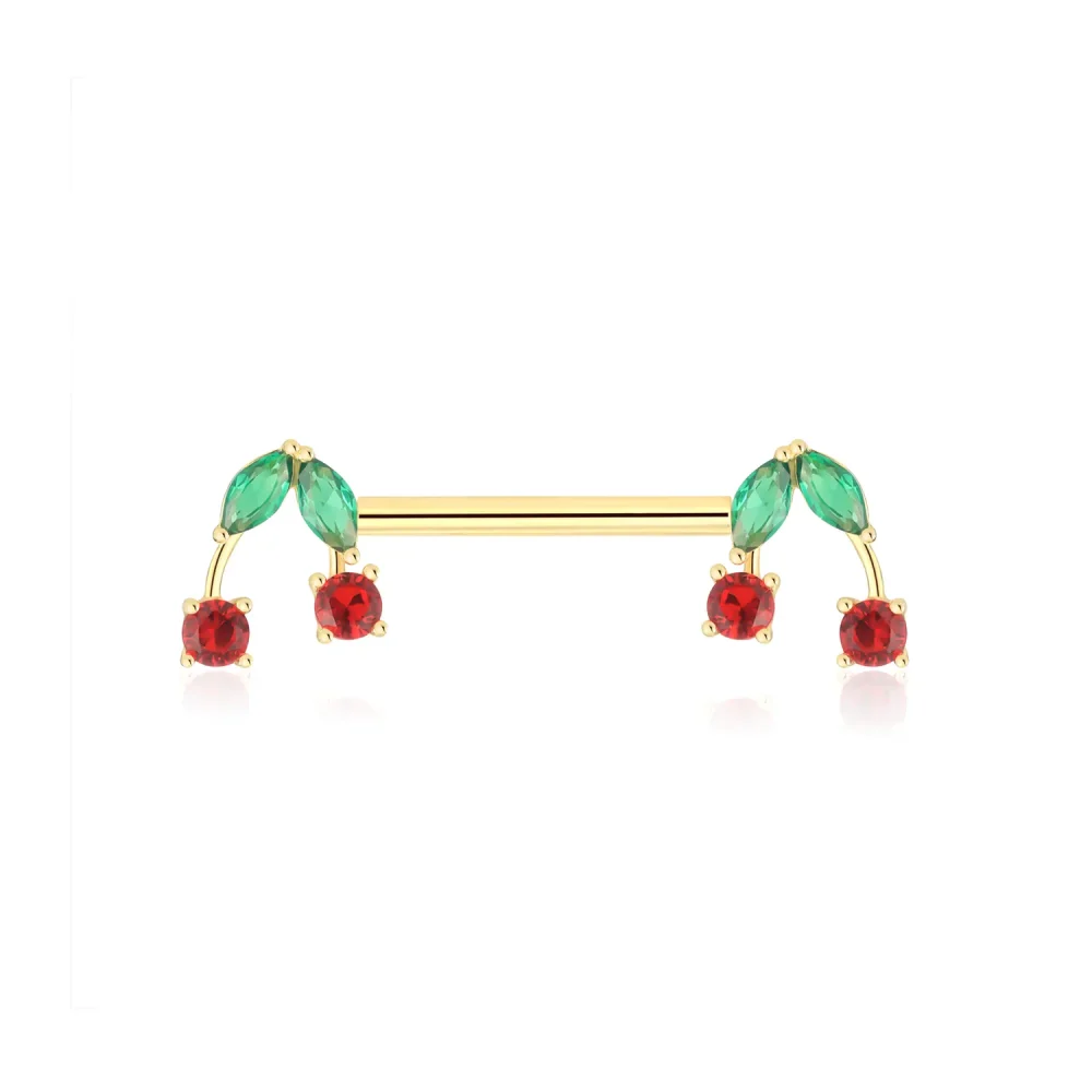 14K Solid Gold Threadless Nipple Ring with Colorful CZ Stones - Cherry Design