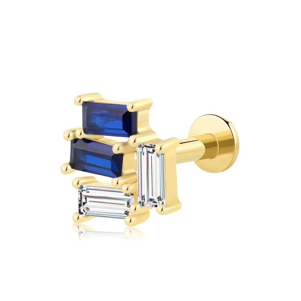 14K Solid Gold Threadless Labret Stud with Vertical Baguette Blue and Clear CZ Design