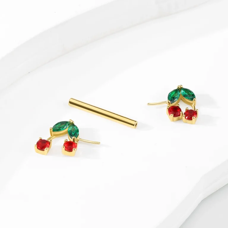 1-14K Solid Gold Threadless Nipple Ring with Colorful CZ Stones – Cherry Design1-2