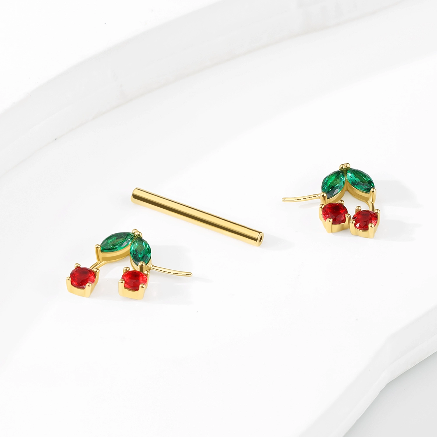 1-14K Solid Gold Threadless Nipple Ring with Colorful CZ Stones – Cherry Design1-2