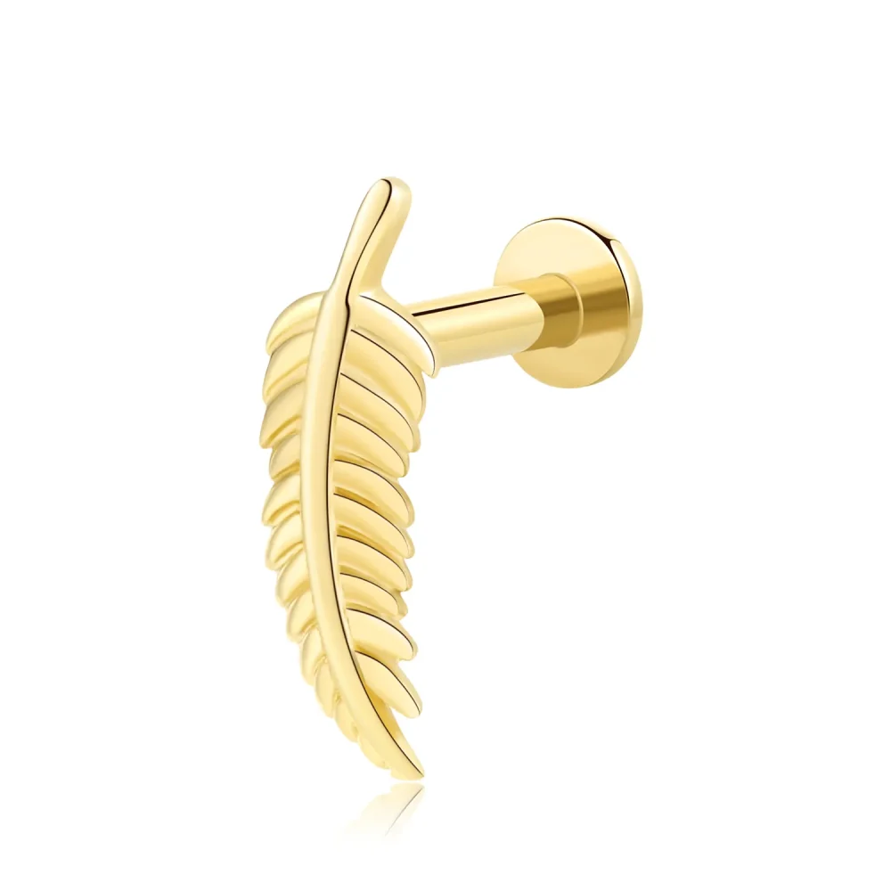 14K Solid Gold Internally Threaded Labret Stud with Minimalist Feather Design-GV00G-16