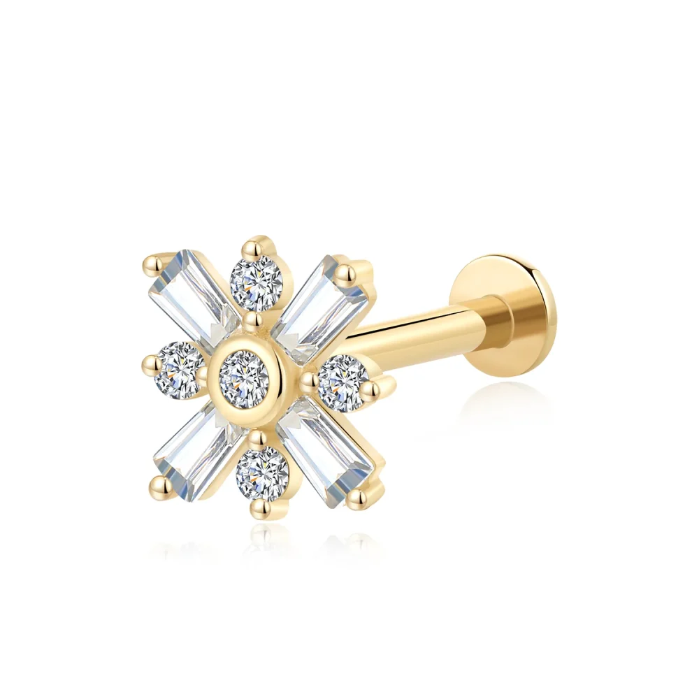 14K Solid Gold Snowflake Threadless Labret Stud with CZ Accents-GU153G-1