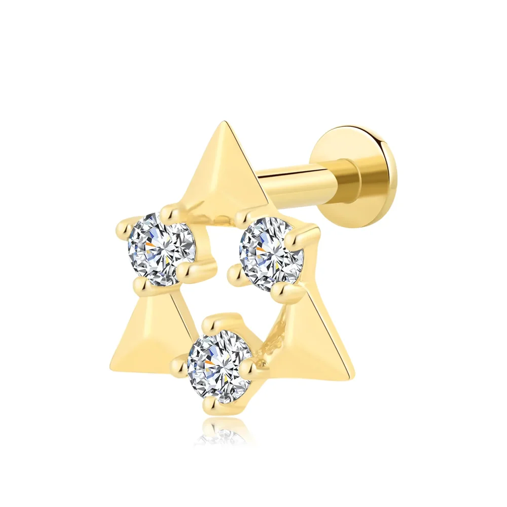 14K Solid Gold Threadless Labret Stud with Triangular CZ Design-GUB4471G