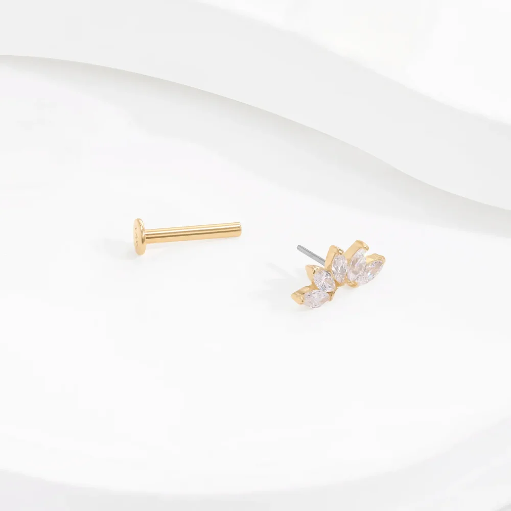 14K Solid Gold Threadless Piercing with Five Clear CZ Cluster1-20