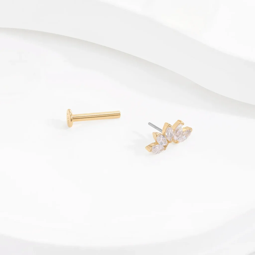 14K Solid Gold Threadless Piercing with Five Clear CZ Cluster