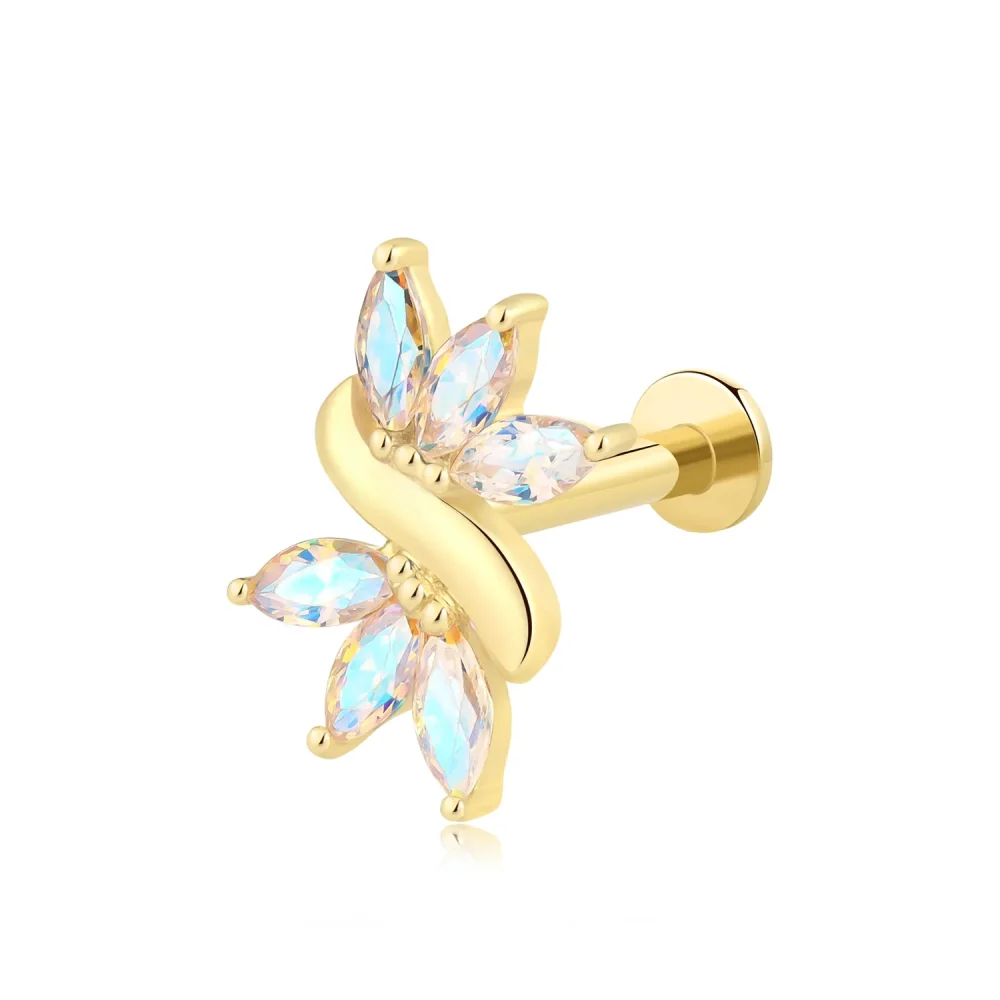 14K Solid Gold Threadless Labret Stud with CZ Marquise Butterfly Design