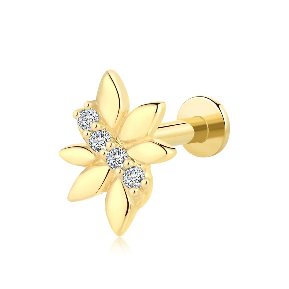 14K Solid Gold Threadless Floral Labret Stud with CZ Accents