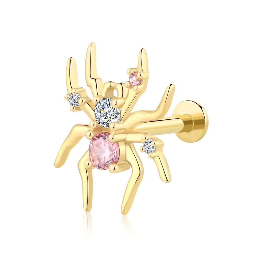 14K Solid Gold Threadless Labret Stud with Pink & Clear CZ Spider Design