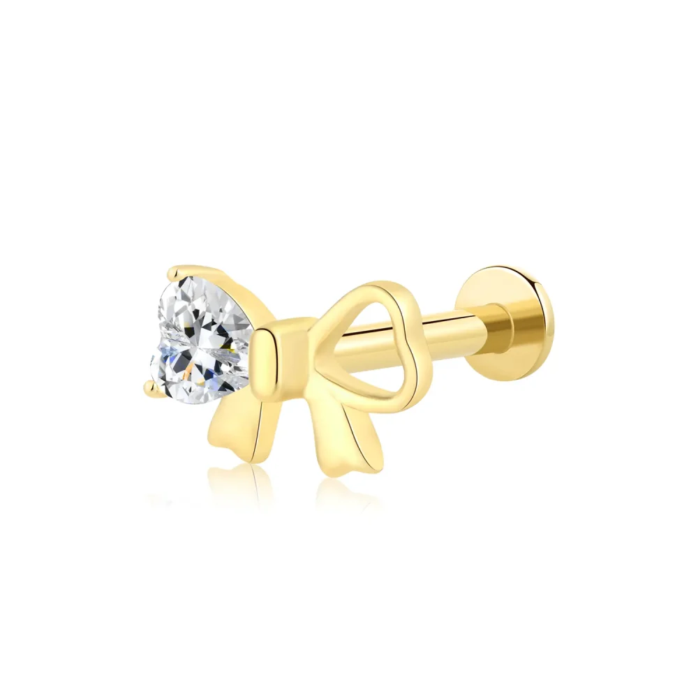 14K Solid Gold Threadless Labret Stud with Heart CZ and Bow Design