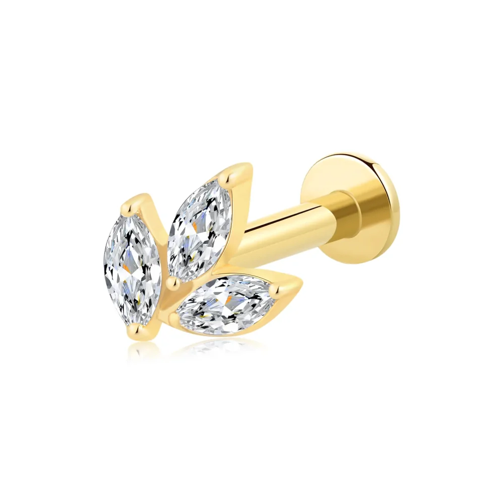 14K Solid Gold Threadless Leaf Trio Labret Stud with CZ Stones