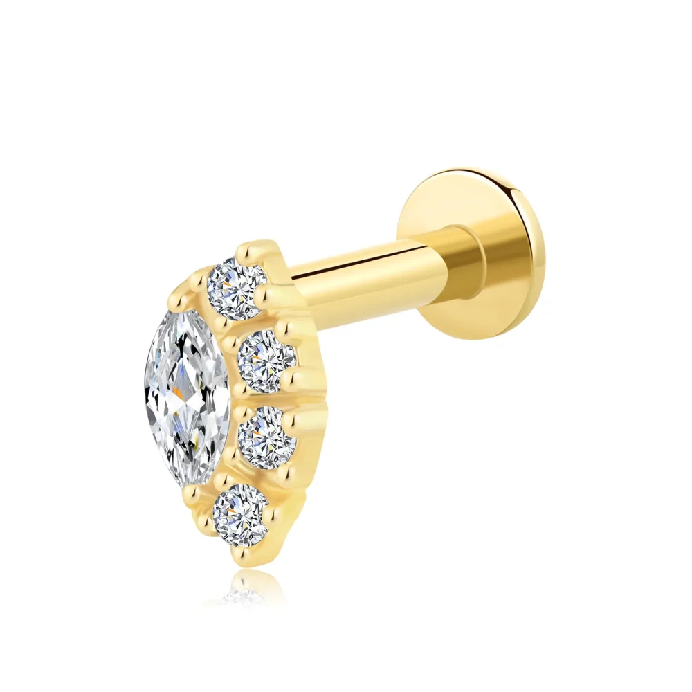 14K Solid Gold Threadless Marquise CZ Labret Stud with Halo Design
