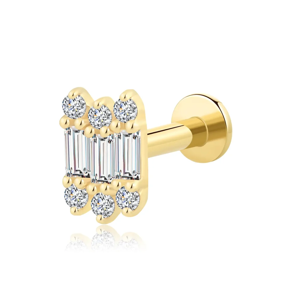 14K Solid Gold Internally Threaded Labret Stud with CZ Baguette and Round Stones