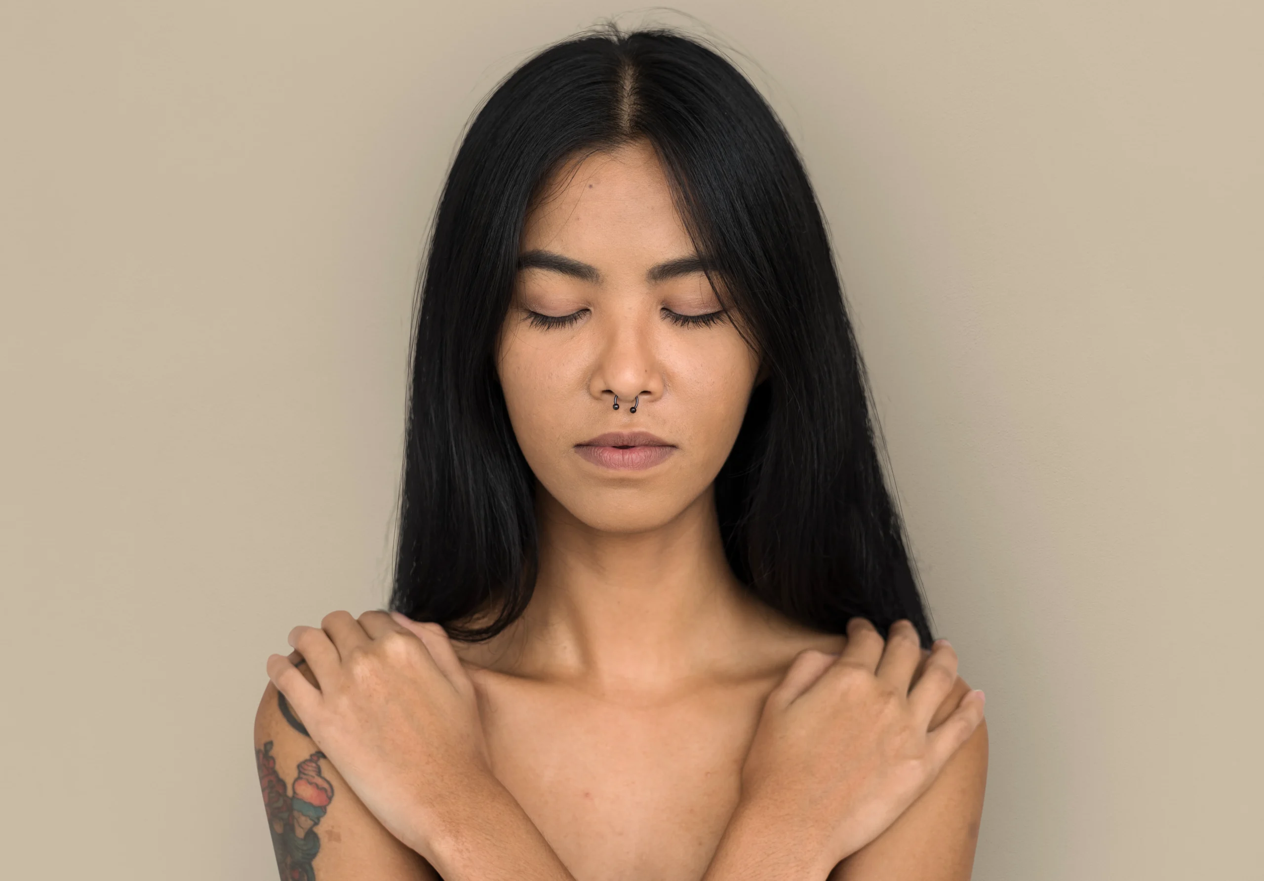 1-woman-pierced-nose-ring-bare-chest-arts-calm-peaceful