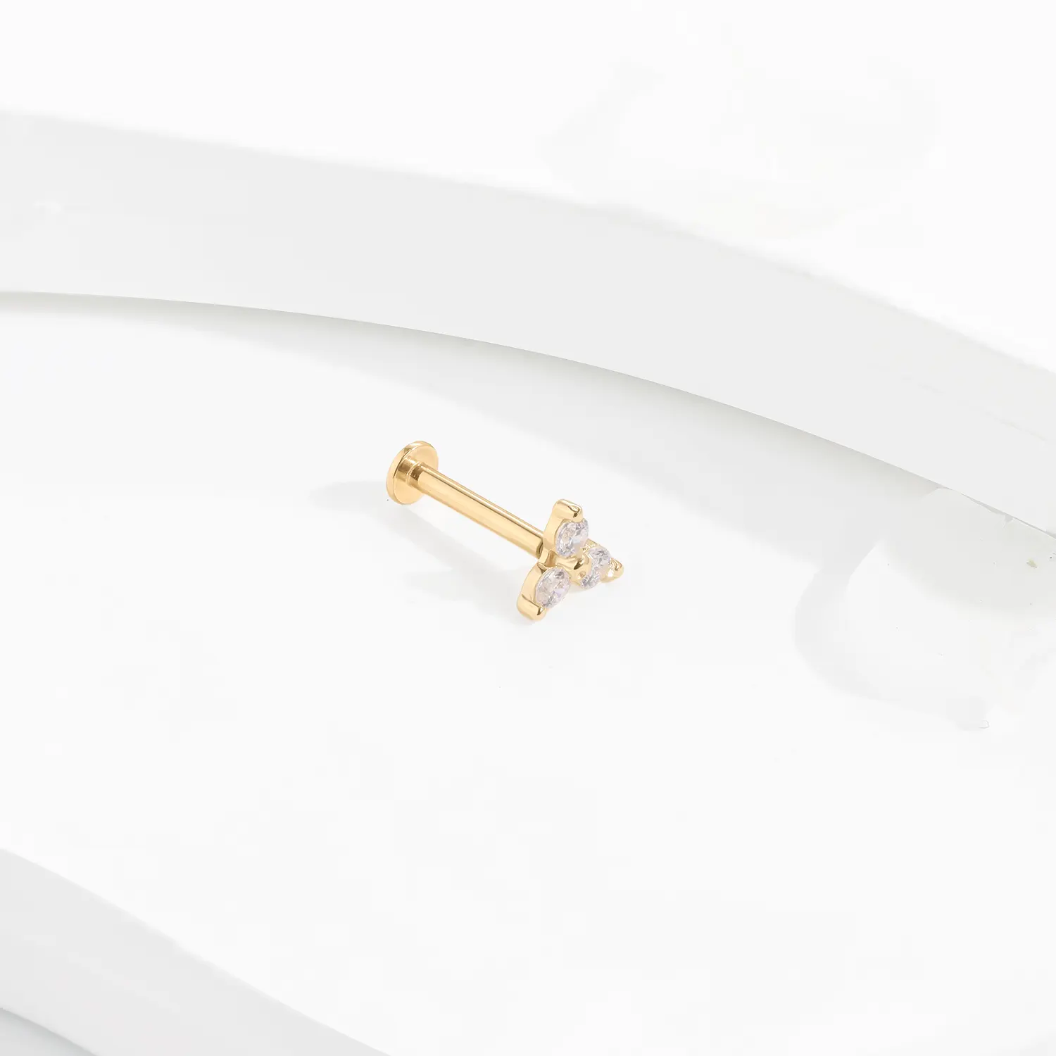 14k solid gold labret stud with cubic zircon trio internally threaded piercing jewelry