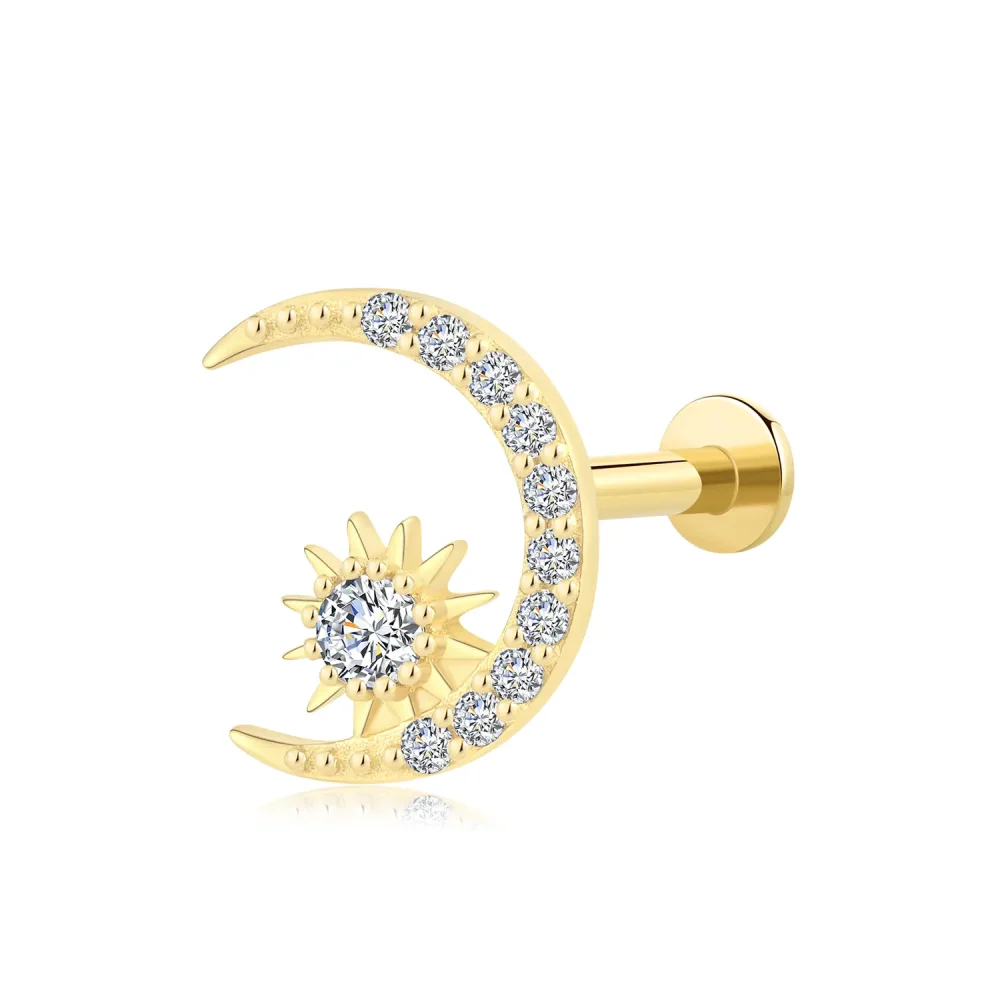 14K Solid Gold Internally Threaded Labret Stud – Crescent Moon and Sun CZ Design Body Jewelry