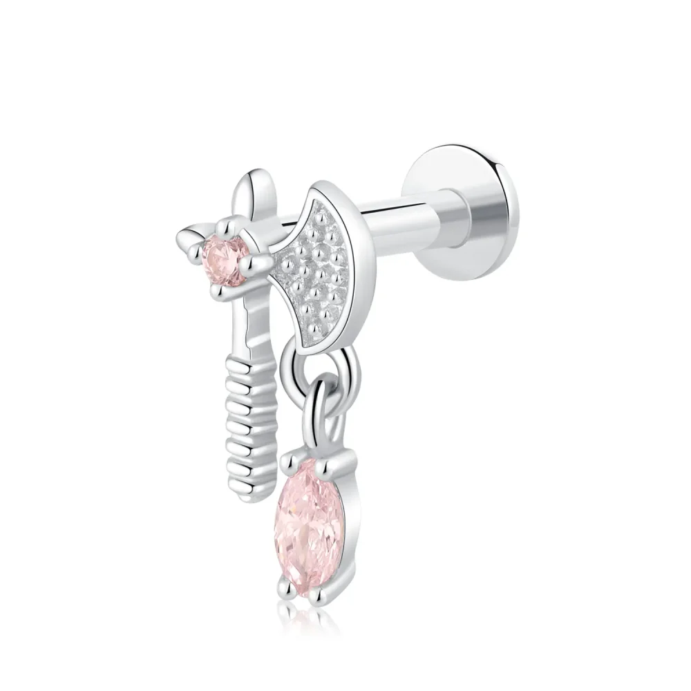 14K Solid Gold Threadless Labret Stud – Sword & Axe Design with Pink CZ and Steel Push Pin