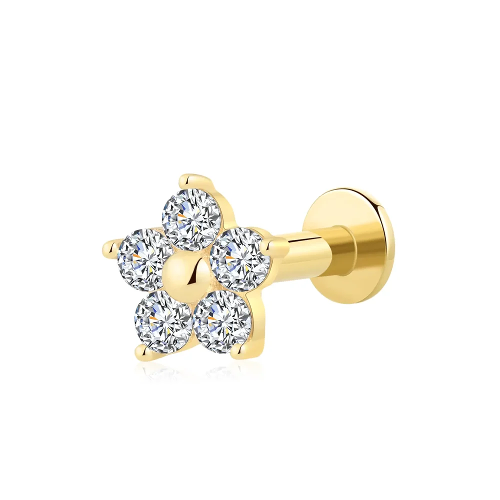 14K Solid Gold Threadless Labret Stud – CZ Flower Petal Design with Steel Push Pin