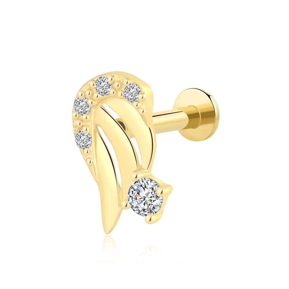 14K Solid Gold Threadless Labret Stud – Curved Feather CZ Design with Steel Push Pin