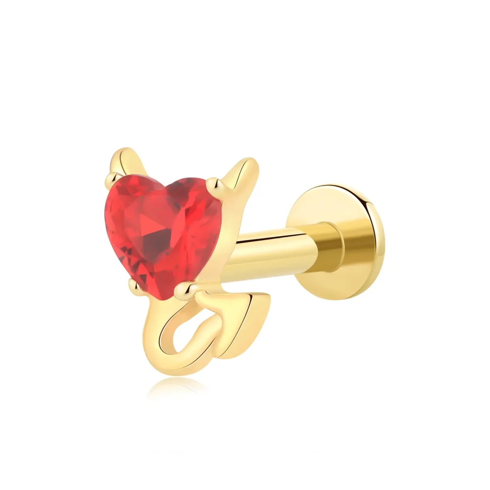 14K Solid Gold Threadless Labret Stud – Devil Heart CZ Design with Steel Push Pin
