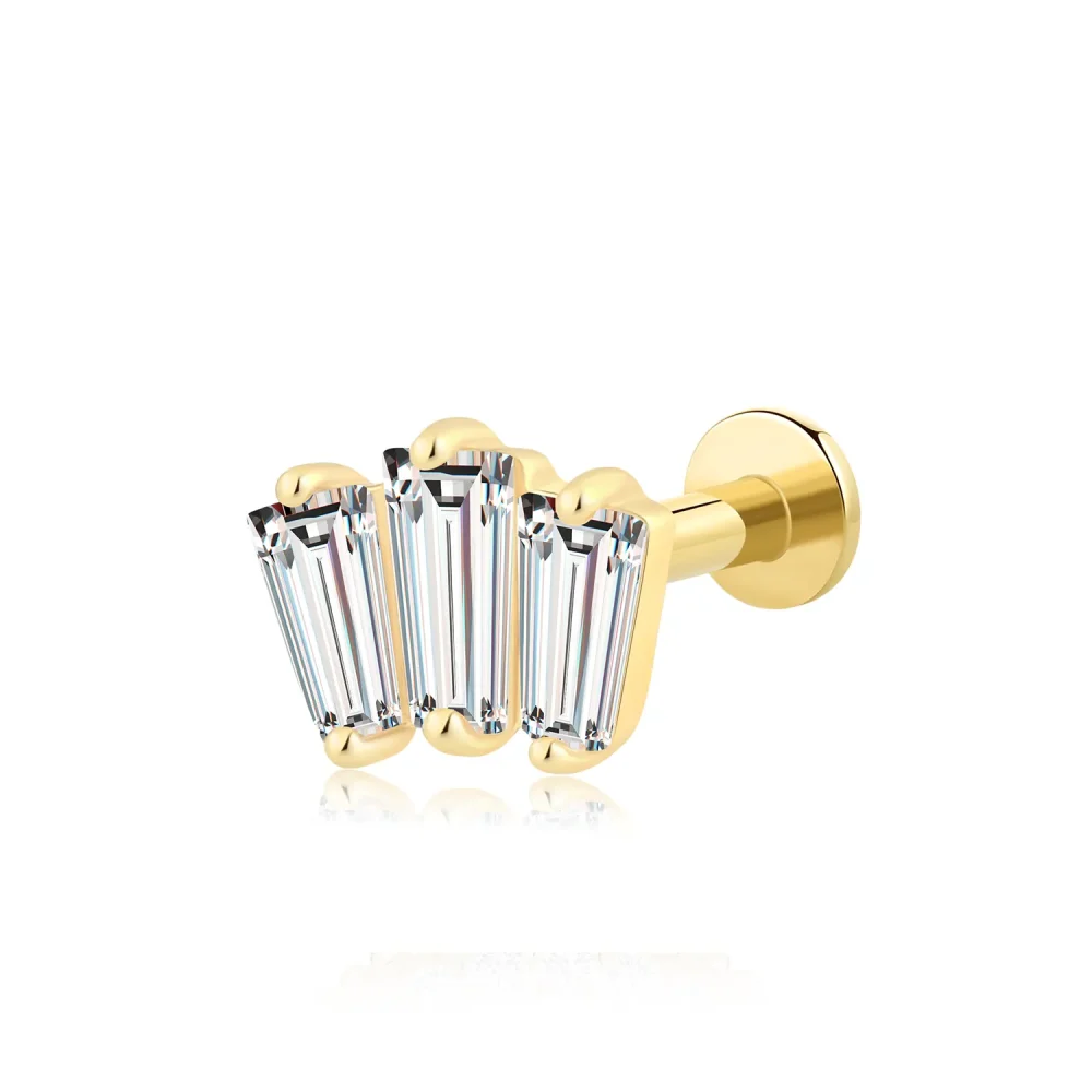 14K Solid Gold Threadless Labret Stud with Triple CZ Baguette Stones – Steel Push Pin Body Jewelry