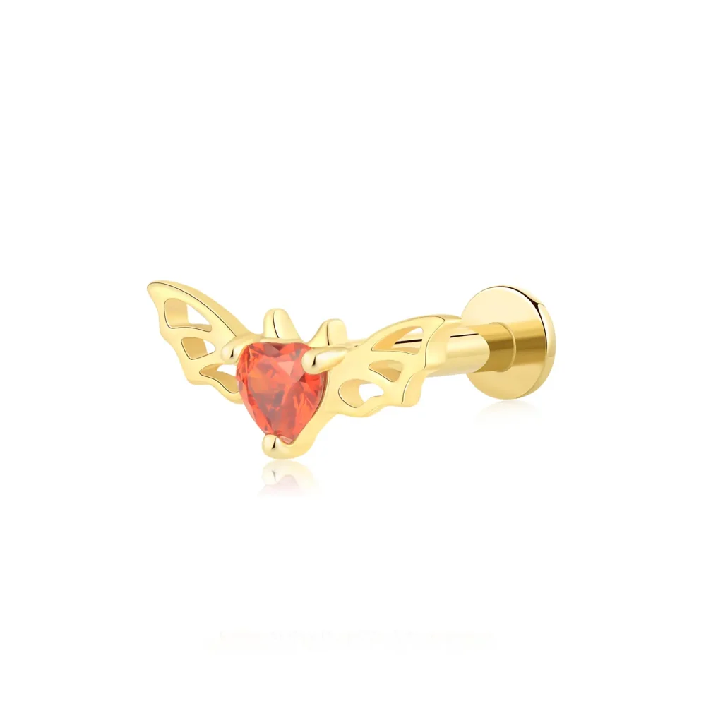 14K Solid Gold Threadless Labret Stud – Bat Wing Heart CZ Design with Steel Push Pin