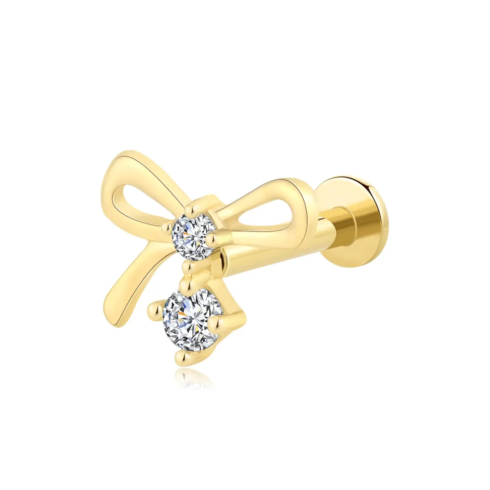 14K Solid Gold Threadless Labret Stud with Double CZ Bow Design