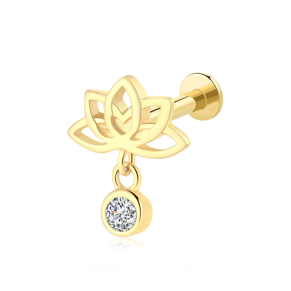 14K Solid Gold Internally Threaded Labret Stud – Lotus Outline with Dangling CZ Stone