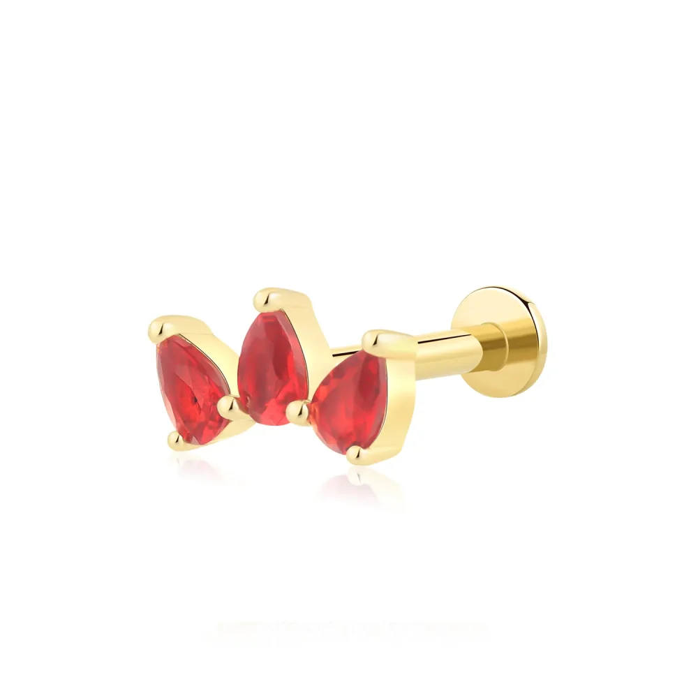 14K Solid Gold Internally Threaded Labret Stud with Triple Pear-Shaped CZ Stones – Bold Body Piercing Jewelry
