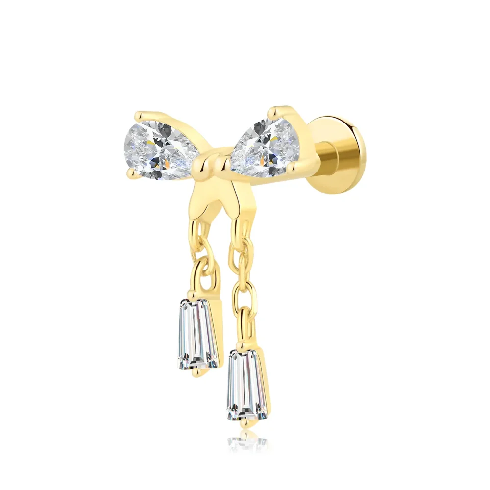 14K Solid Gold Internally Threaded Labret Stud – Bow Design with Dangling CZ Chains
