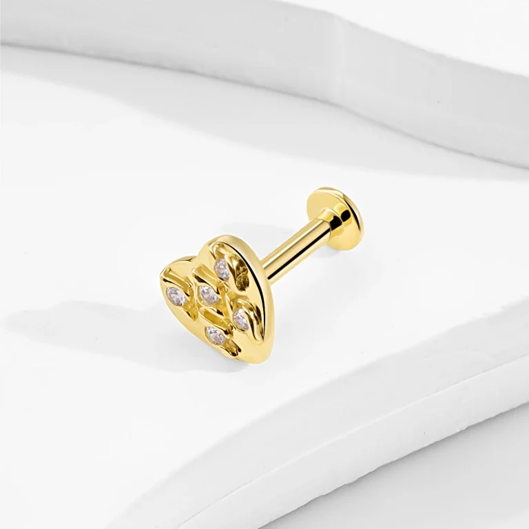 1-14K Solid Gold Threadless Labret Stud with Sculpted Heart & CZ Accents