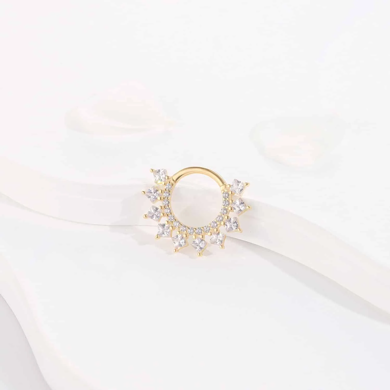 1-14k solid gold sunburst hinged segment ring with cubic zirconia