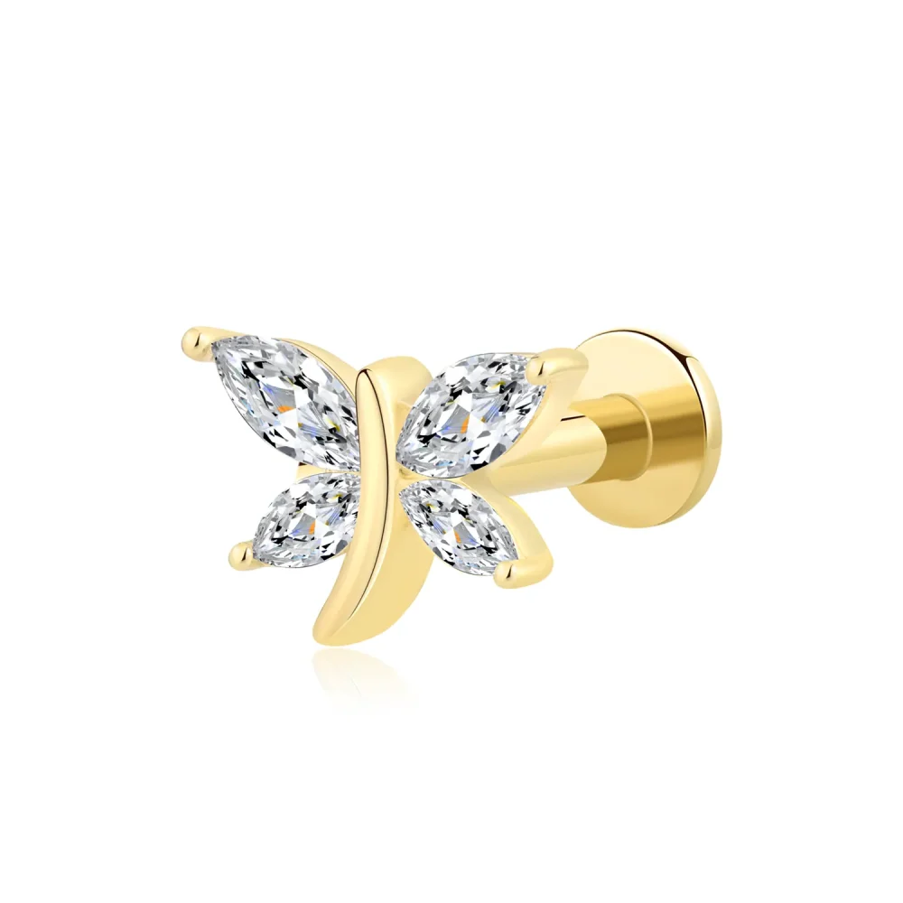 14K Solid Gold Threadless Butterfly Labret Stud with Marquise CZ Stones