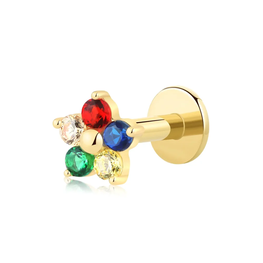14K Solid Gold Threadless Labret Stud with Colorful Round CZ Cluster – Starburst Design