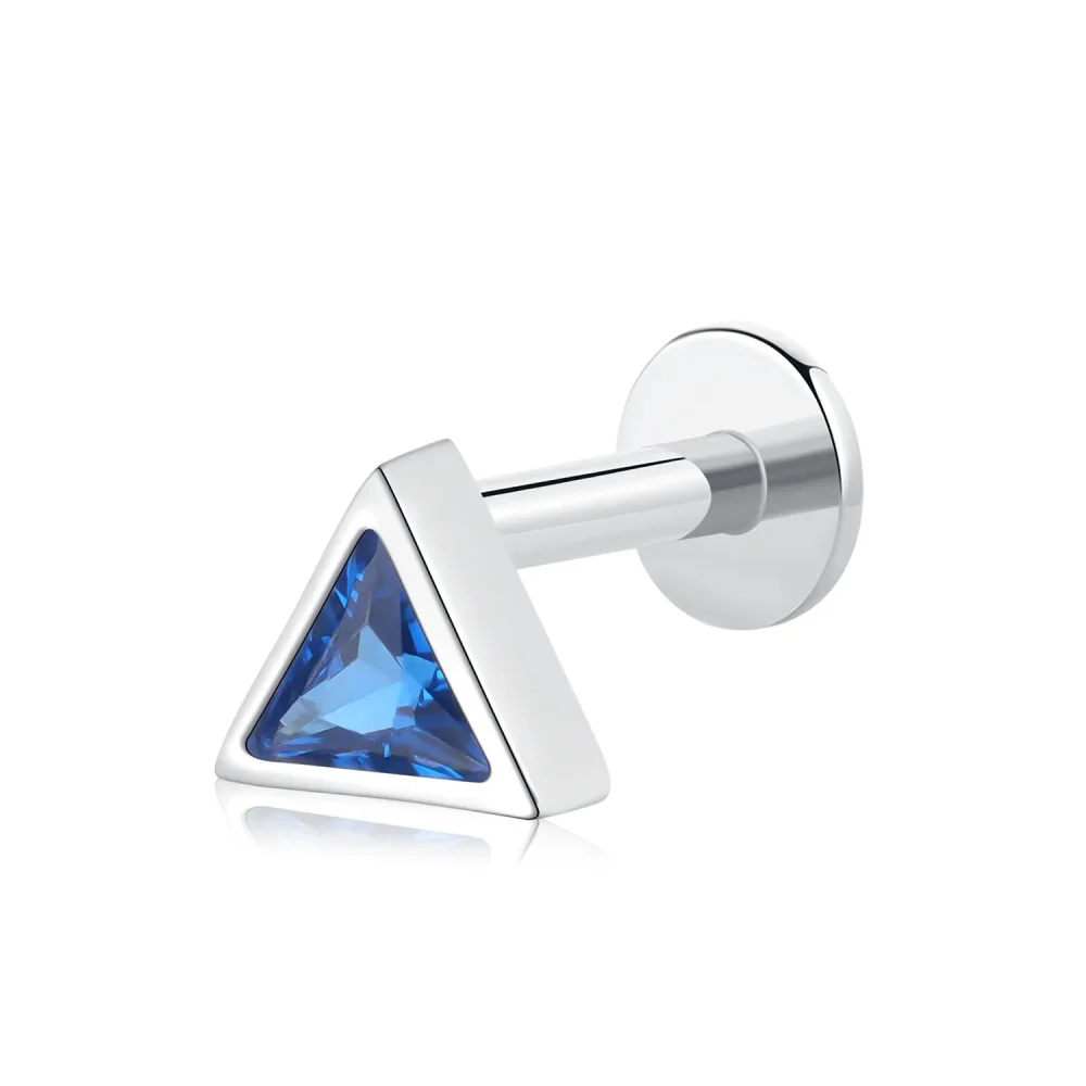 14K Solid Gold Threadless Triangle CZ Labret Stud – Geometric Blue Stone Piercing Jewelry